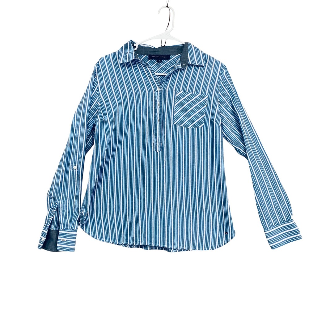 Tommy Hilfiger Striped Roll-Sleeve Button-Up‎ Shirt w/ Pocket Blue White S